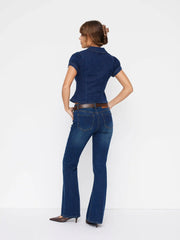 Stretch Denim Collar V-neck Short Sleeve Blouse