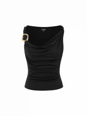 Cowl Neck Twist Ruched Metal Detail Top