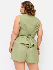 Linen-blend Asymmetrical Hem Lace Up Vest & Mid Rise Shorts Set Curve & Plus