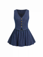 Denim V-Neck Metal Button Ruched Bubble Mini Dress