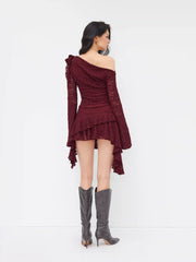 Lace Asymmetrical Neck Ruched Bell Sleeve Top & Layered Ruffle Hem Mini Skirt Set