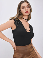 Lace Trim Solid Bodysuit