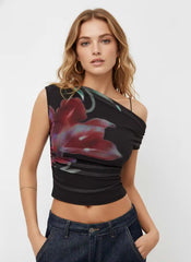 Mesh Asymmetrical Neck Floral Ruched Top