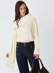 Satin Asymmetrical Neck Long Sleeve Blouse With Scarf