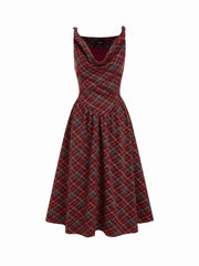 Cowl Neck Tartan Plaid Twist A-line Midi Cami Dress