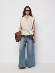 Linen-blend V-neck Wrap Belted Oversized Blazer Vest