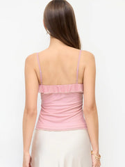 Mesh Floral Scoop Neck Ruffled Ruched Cami Top