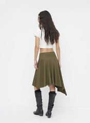 Suede Mid Rise Ruffle Hanky Hem Midi Skirt