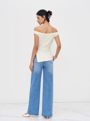 Off-shoulder Ruched Knotted Asymmetrical Hem Top