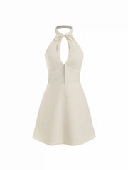 Linen-blend Halter Neckline Bowknot Cut Out A-line Mini Dress