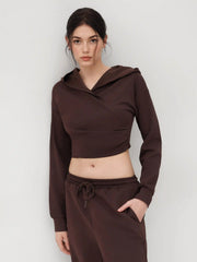 Cotton-blend Solid Ruched Hoodie & Mid Rise Elastic Waist Knotted Straight Leg Trousers Set