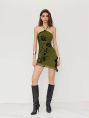 Mesh Halter Neckline Floral Graphic Knotted Asymmetrical Hem Mini Dress