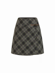 Wool-Look Low Rise Plaid Toggle Button Midi Skirt