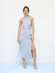 Satin Halter Neckline Split Knotted Maxi Dress