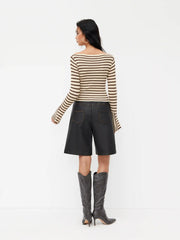 Knit Boat Neck Stripe Long Sleeve Crop Top