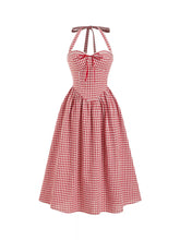 Cotton-blend Sculptural Gingham Halter Neckline Shirred A-line Maxi Dress