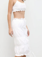 Cotton Lettuce Trim Crop Cami Top & Bowknot Shirred Midi Skirt Set