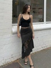 Satin Low Rise Polka Dot Lace Panel Asymmetrical Flared Midi Skirt