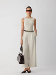 Textured Boat Neck Mid Rise Straight Leg Jumpsuit With Belt