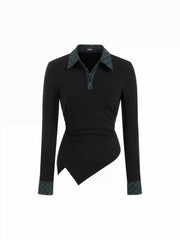 Plaid Collar Asymmetrical Hem Ruched Top