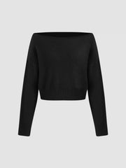 Knitted Boat Neck Solid Asymmetrical Long Sleeve Top