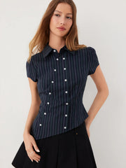 Cotton-blend Striped Collar Asymmetrical Hem Star Button Blouse