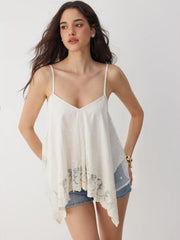 Chiffon Lace V-neck Lace Panel Hanky Hem Cami Blouse