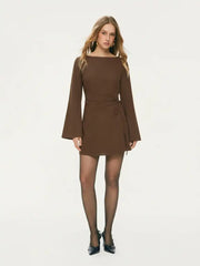 Boat Neck Bell Sleeve Wrap Mini Dress