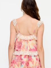 Chiffon Abstract V-neck Lace Trim Bowknot Cami Blouse