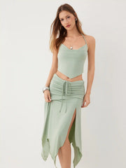 Halter Neckline Drawstring Top & Ruched Hanky Hem Maxi Skirt Set