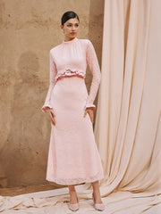 Lace Stand Collar Long Sleeve Ruffle Mermaid Maxi Dress