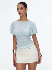 Boat Neck Cloak Sleeve Ruched Sheer Tee