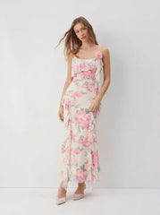 Mesh Floral Ruffled Bobycon Cami Maxi Dress