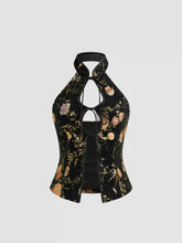 Jacquard Mandarin Collar Floral Tie Front Cut Out Tank Top