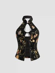 Jacquard Mandarin Collar Floral Tie Front Cut Out Tank Top