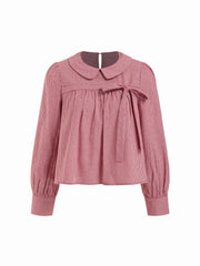 Red Gingham Peter Pan Collar Bowknot Oversized Blouse