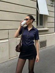 Satin Collar Short Sleeve Button Front Blouse
