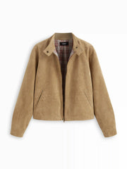 Suede Stand Collar Long Sleeve Zip Through Oversized Jacket