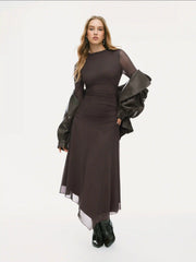Mesh Stand Collar Ruched Lettuce Trim Maxi Dress