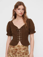 Corduroy Sweetheart Neck Puff Sleeve Lace Up Ruffle Trim Blouse
