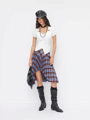 Plaid Mid Rise Asymmetrical Hem Pleated Midi Skirt