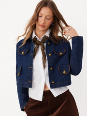 Washed Denim Faux Leather Collar Jacket