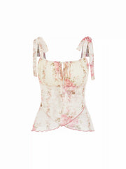 Mesh Floral Bowknot Cami Top & Mid Rise Maxi Skirt Set