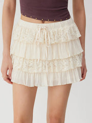 Lace Layered Drawstring Mid Rise Mini Skirt