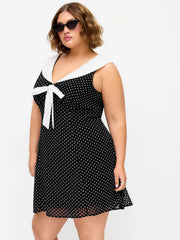 Polka Dot Sailor Collar Bowknot A-line Mini Dress Curve & Plus