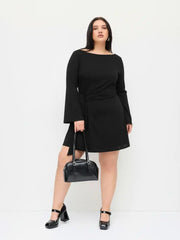 Boat Neck Bell Sleeve Tie Side Ruched Mini Dress Curve & Plus