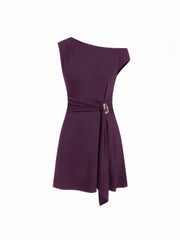 Asymmetrical Neck Draped Metal Detail A-line Mini Dress