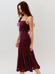 Asymmetrical Neck Glitter Ruched Top & High Rise Ruffled Mermaid Maxi Skirt Set