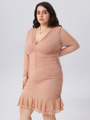 V Neck Ruched Ruffle Mini Dress Curve & Plus