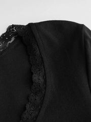 Cotton-blend V-neck Solid Lace Trim Button Ruched Long Sleeve Top